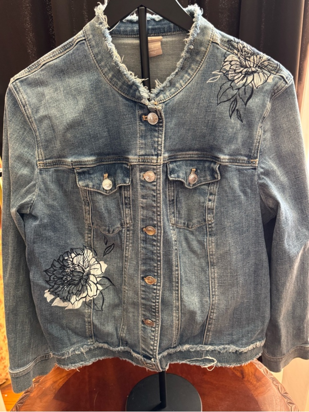Chico's Medium Blue Denim Jacket with White & Navy Floral Embroidery